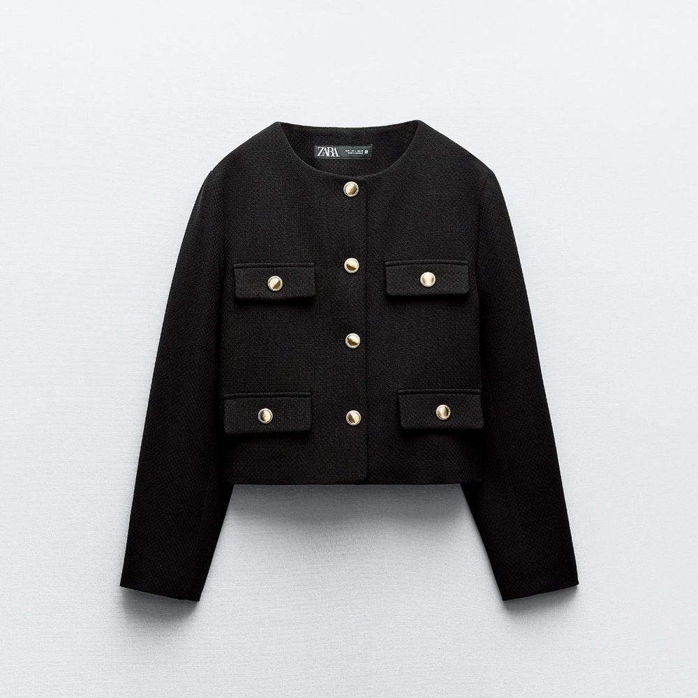 Zara ROUND NECK PIQUE BLACK BLAZER